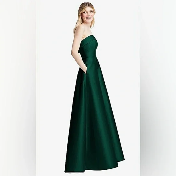 NWT Alfred Sung Hunter Green Strapless Bias Cuff Bodice Satin Gown, Pockets, 14R - Picture 3 of 15